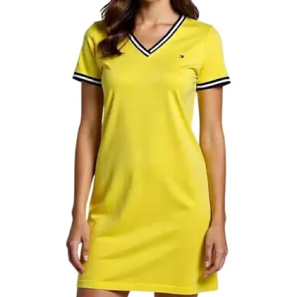 Tommy Hilfiger Yellow V-Neck Polo Shift Dress with Contrast Trim M